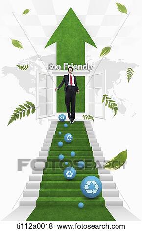 Stock Illustration - A man on Eco-friendly green stairs. Fotosearch