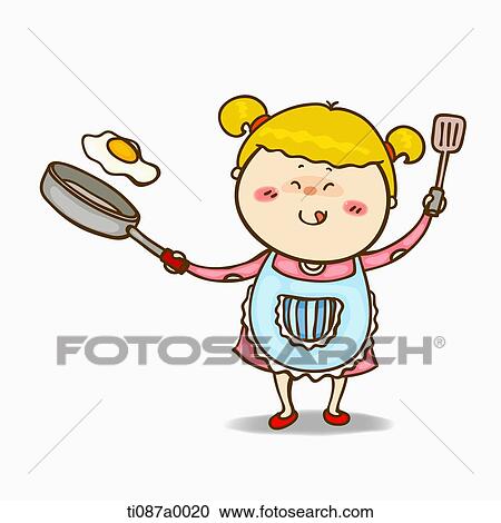 A, mädchen, halten, a, bratpfanne, und, küchengerät Clipart