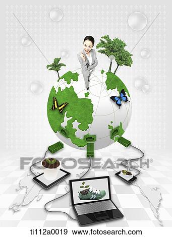 Stock Illustration - A woman on Eco-friendly globe connected with green items. Fotosearch