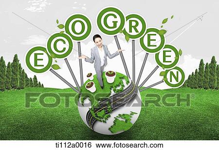 Stock Illustration - A woman on Eco green globe . Fotosearch