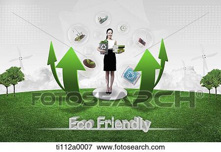 Stock Illustration - A woman with Eco-friendly icons around. Fotosearch