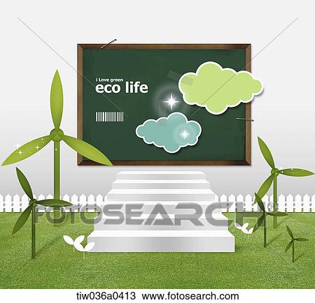 Drawing - Blackboard and green plant with eco life . Fotosearch