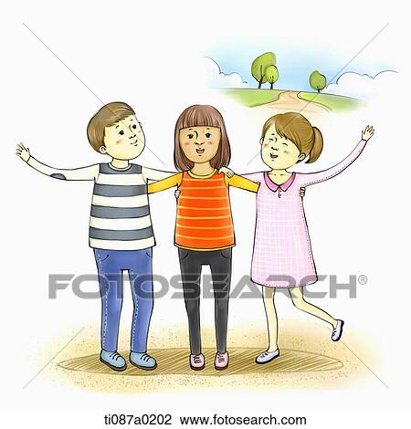 Drawing - Boy and girl putting arms around together . Fotosearch