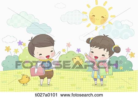 Clip Art - Boy and girl saying hello on green field. Fotosearch