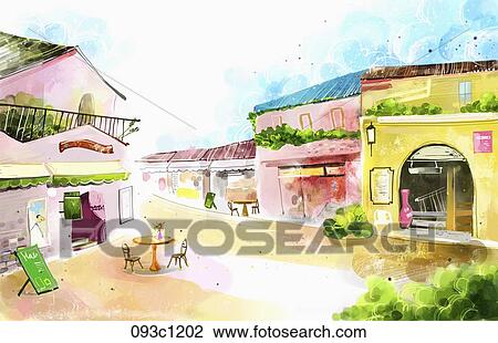 Drawing - Building and street landscape . Fotosearch