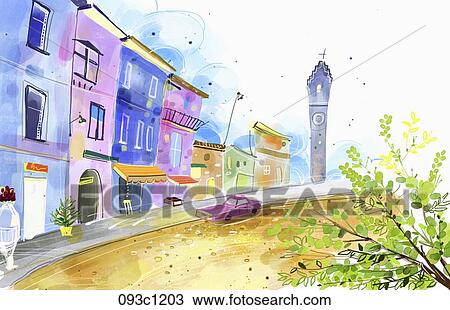 Drawing - Building and street landscape . Fotosearch