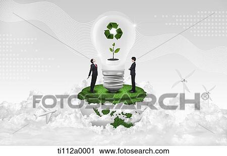 Businessmen and green energy light bulb View Large Illustration Clip Art - Businessmen and green energy light bulb. Fotosearch