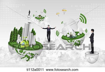 Clip Art - Businessmen and web, eco-friendly globe . Fotosearch