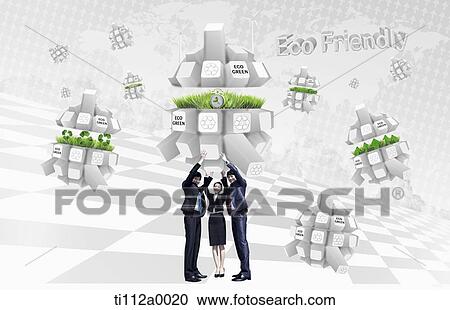 Clipart - Businessmen holding up Eco-friendly blocks. Fotosearch