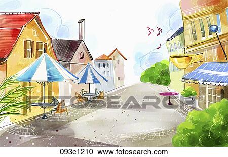 Clipart - Café and street landscape. Fotosearch