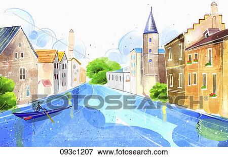 Cannel and building landscape View Large Illustration Stock Illustration - Cannel and building landscape . Fotosearch