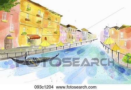 Stock Illustration - Cannel and street landscape . Fotosearch