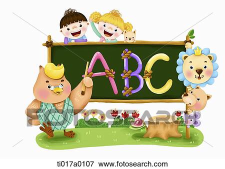 Children and animal with alphabet on the blackboard View Large Illustration Stock Illustration - Children and animal with alphabet on the blackboard. Fotosearch