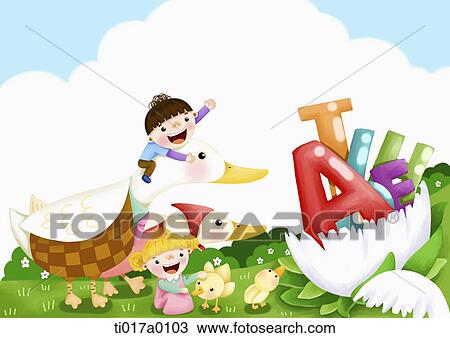 Children and duck with alphabet block View Large Illustration Drawing - Children and duck with alphabet block . Fotosearch