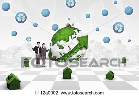 Children and eco-friendly globe View Large Illustration Drawing - Children and eco-friendly globe . Fotosearch
