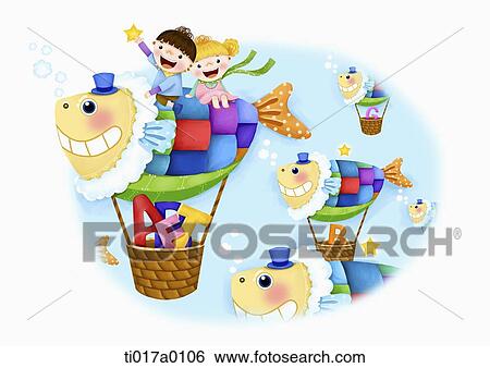 Stock Illustration - Children and fish hot-air balloon with alphabet block. Fotosearch