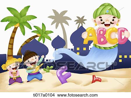 Children and genie with alphabet block View Large Illustration Stock Illustration - Children and genie with alphabet block. Fotosearch