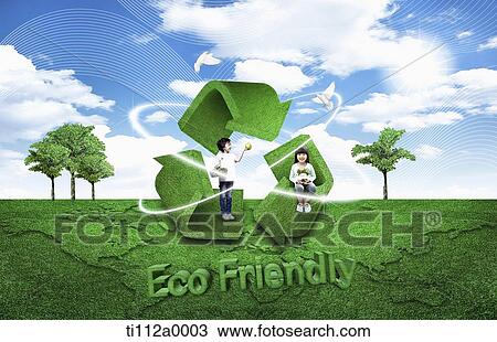 Children and green eco-friendly mark View Large Illustration Drawing - Children and green eco-friendly mark . Fotosearch
