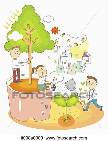 Stock Illustration - Children playing around the green energy. Fotosearch