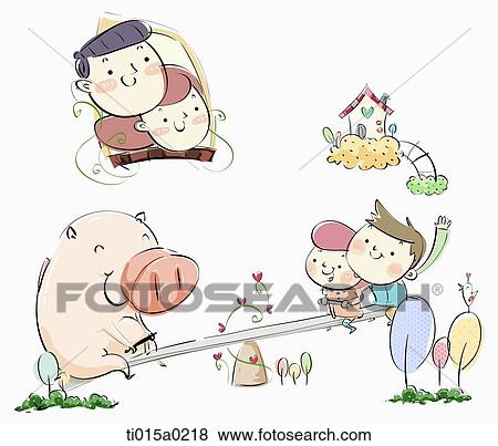 Children playing on sea-saw and looking down parents View Large Illustration Stock Illustration - Children playing on sea-saw and looking down parents. Fotosearch