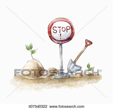 Construction site and stop sign View Large Illustration Drawing - Construction site and stop sign . Fotosearch