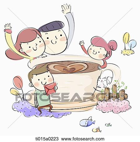 Family around love coffee View Large Illustration Drawing - Family around love coffee. Fotosearch