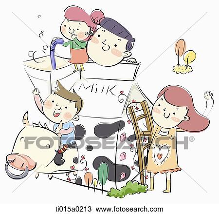 Drawing - Family around the carton of milk . Fotosearch