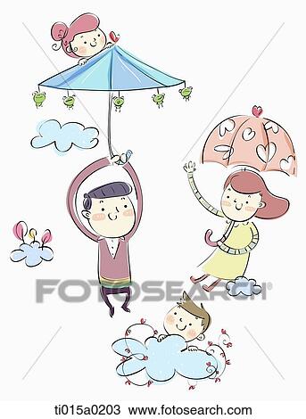 Drawing - Family flying with umbrella. Fotosearch