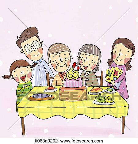 Drawing - Family having grandparents' 60th birthday party. Fotosearch