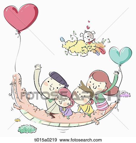 Stock Illustration - Family on crocodile with heart balloon . Fotosearch