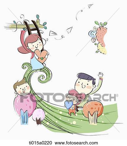 Clipart - Family on green plant . Fotosearch