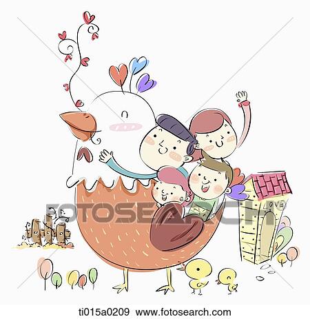 Stock Illustration - Family riding on the chicken . Fotosearch