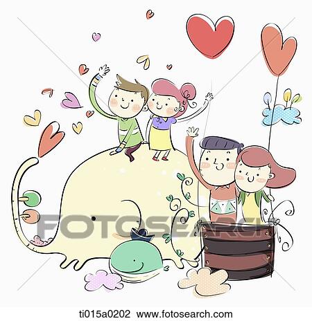 Family riding on the elephant and hot-air balloon View Large Illustration Drawing - Family riding on the elephant and hot-air balloon . Fotosearch