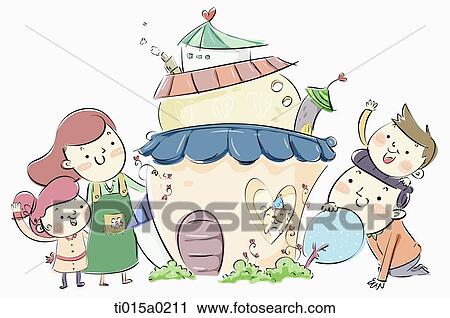 Family saying hello each other around the house View Large Illustration Clip Art - Family saying hello each other around the house. Fotosearch