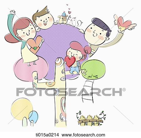 Stock Illustration - Family sitting on love tree. Fotosearch