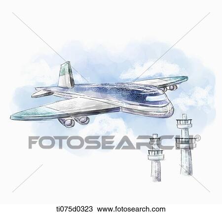 Drawing - Flying airplane and control tower . Fotosearch