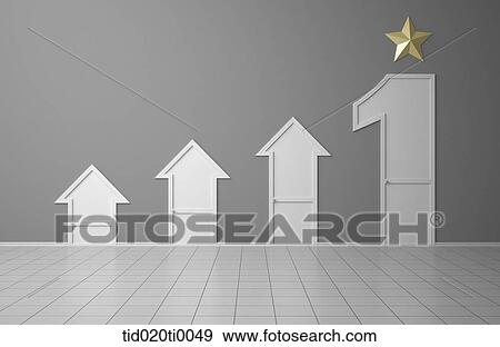 Growing arrow door and gold star over the number one door View Large Illustration Stock Illustration - Growing arrow door and gold star over the number one door . Fotosearch