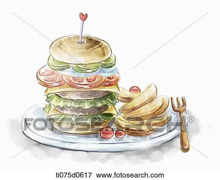 Stock Illustration - Hamburger and fried potatoes. Fotosearch