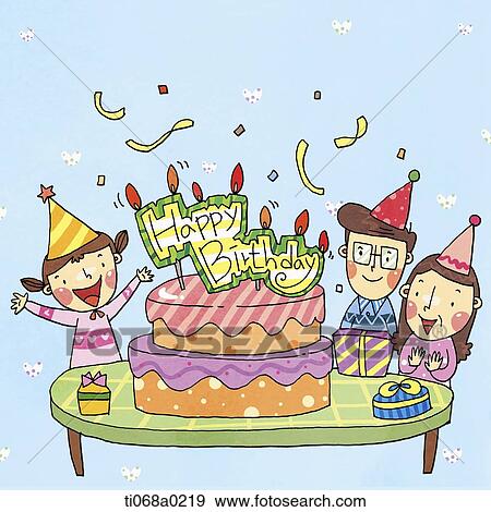 Happy family having birthday party View Large Illustration Stock Illustration - Happy family having birthday party . Fotosearch