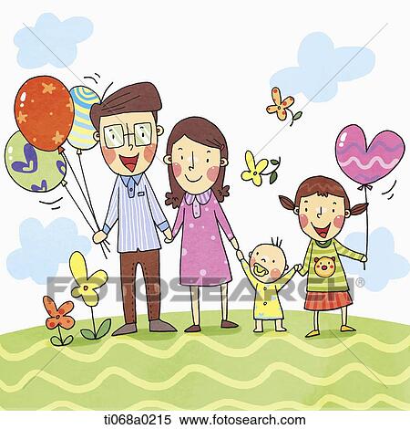 Stock Illustration - Happy family holding hands with balloons. Fotosearch