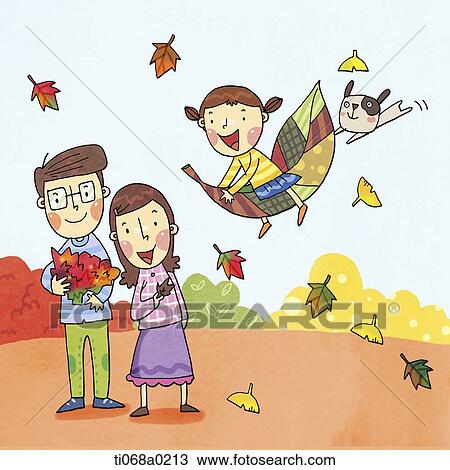 Drawing - Happy family in the fall . Fotosearch