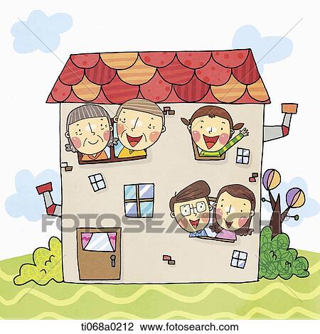 Drawing - Happy family in the house. Fotosearch