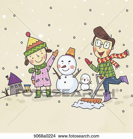 Happy family in the snow View Large Illustration Stock Illustration - Happy family in the snow . Fotosearch