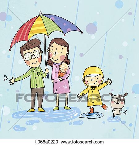 Happy family on rainy day View Large Illustration Clipart - Happy family on rainy day . Fotosearch