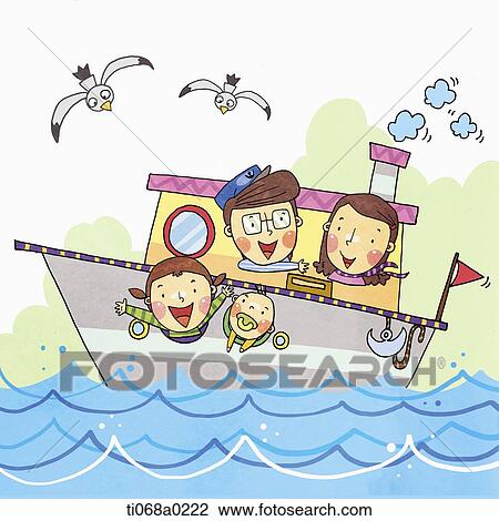 Drawing - Happy family on the ship . Fotosearch