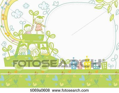 Happy family riding on green car View Large Illustration Stock Illustration - Happy family riding on green car . Fotosearch