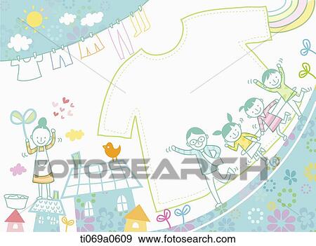Happy family with clothes and blue house View Large Illustration Stock Illustration - Happy family with clothes and blue house. Fotosearch