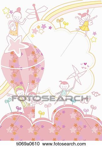 Clipart - Happy family with pink cloud and hot-air balloon . Fotosearch