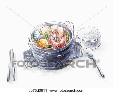 Korean seafood stew and rice View Large Illustration Clip Art - Korean seafood stew and rice . Fotosearch