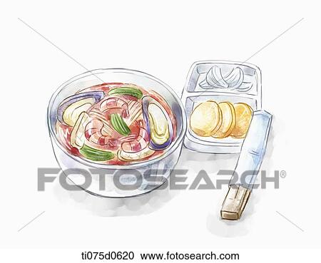 Korean spicy seafood noodles View Large Illustration Clipart - Korean spicy seafood noodles. Fotosearch